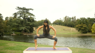 Tara Lee doing thigh work in her yoga DVD